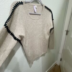 Alya Cream and Black Crew Neck Sweater with Textured Sleeve